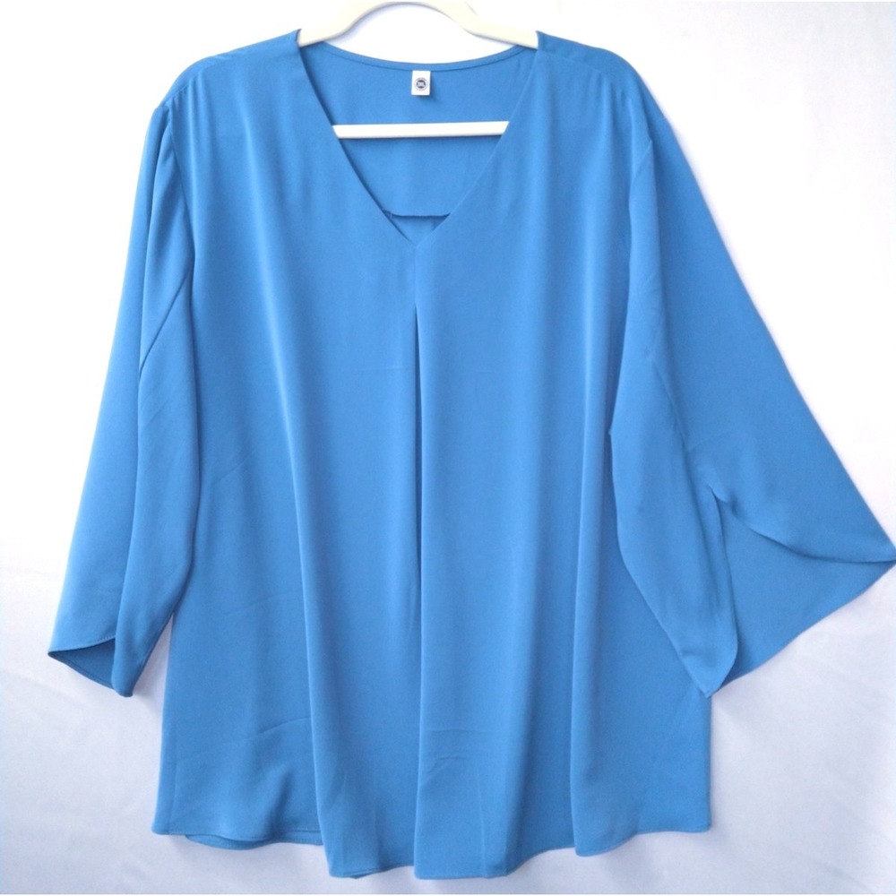 3XL Periwinkle Blue V-Neck Flowy Tunic Casual Chic Boho Artsy 3/4 Tulip Sleeves